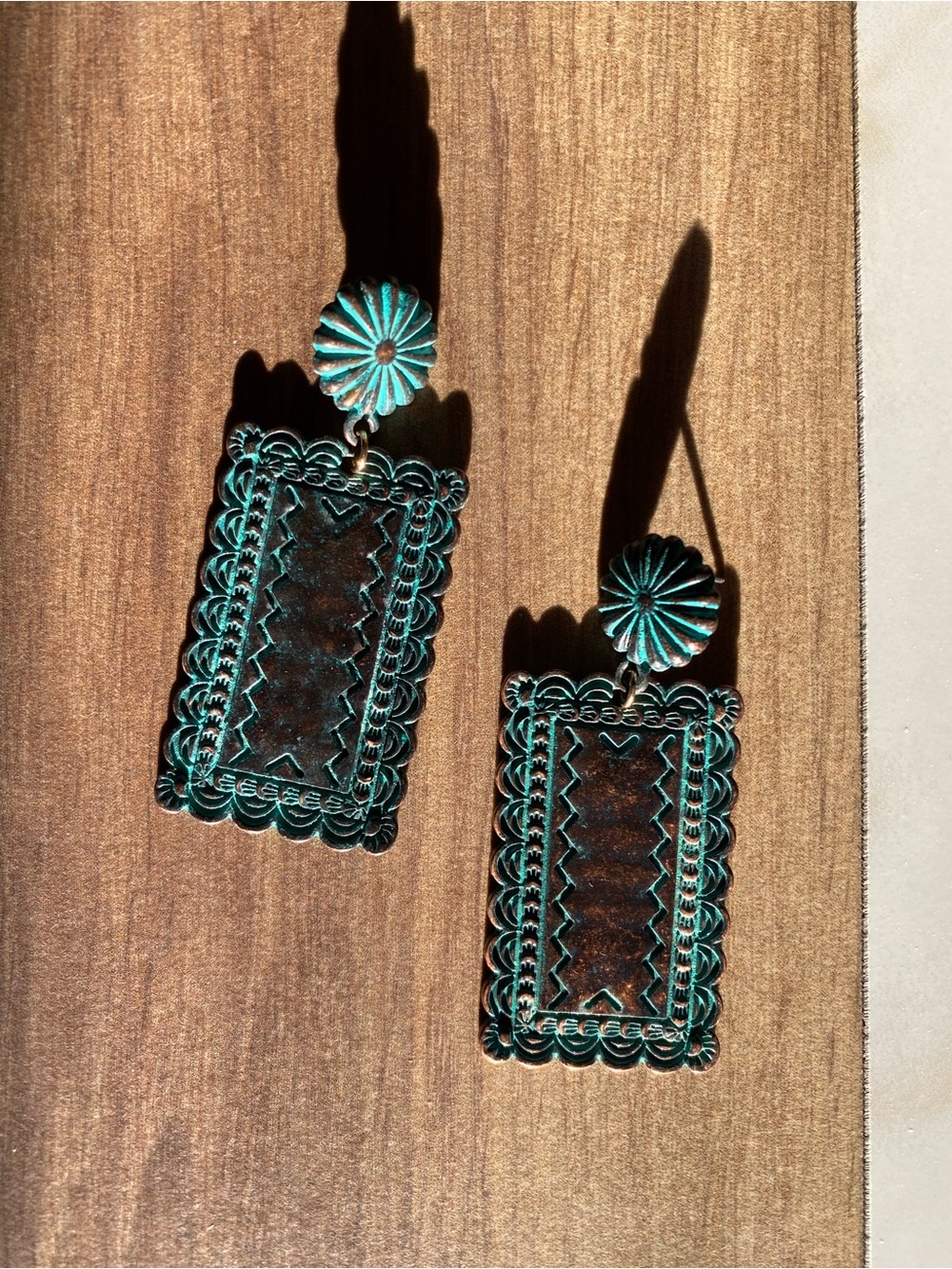 Turquoise Patina Filigree Rectangle Drop Metal Earrings - Picture 2 of 3